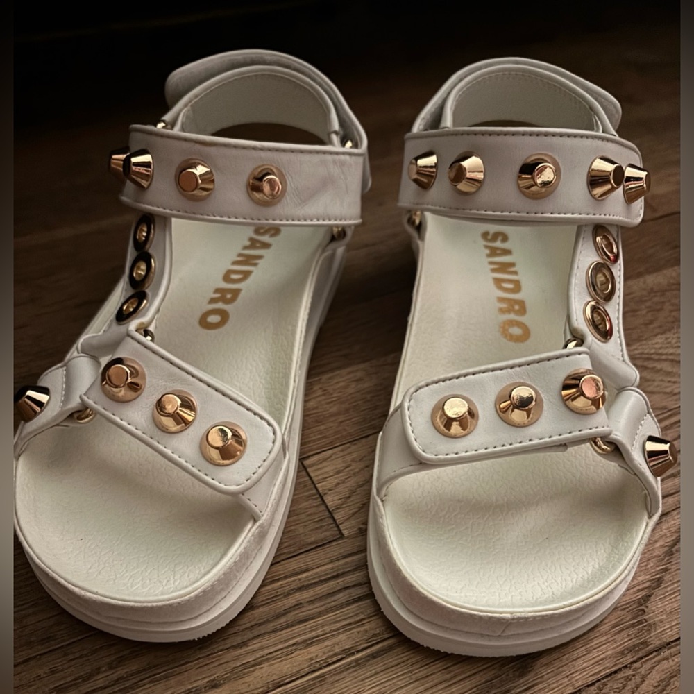 NIB Sandro Elympia Embellished Studded Leather Sandals Ecru White EU 36 Designer - Picture 5 of 13